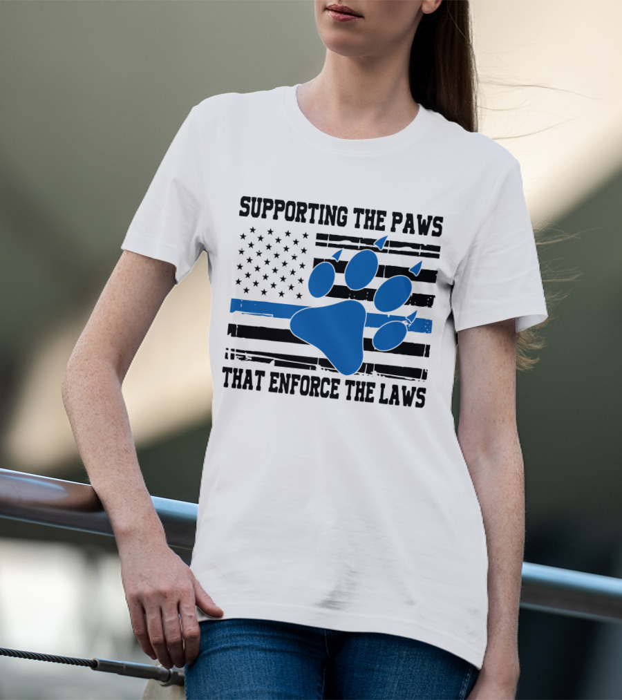Supporting The Paws That Enforce The Laws American Flag Blue Paw Prints T-Shirt