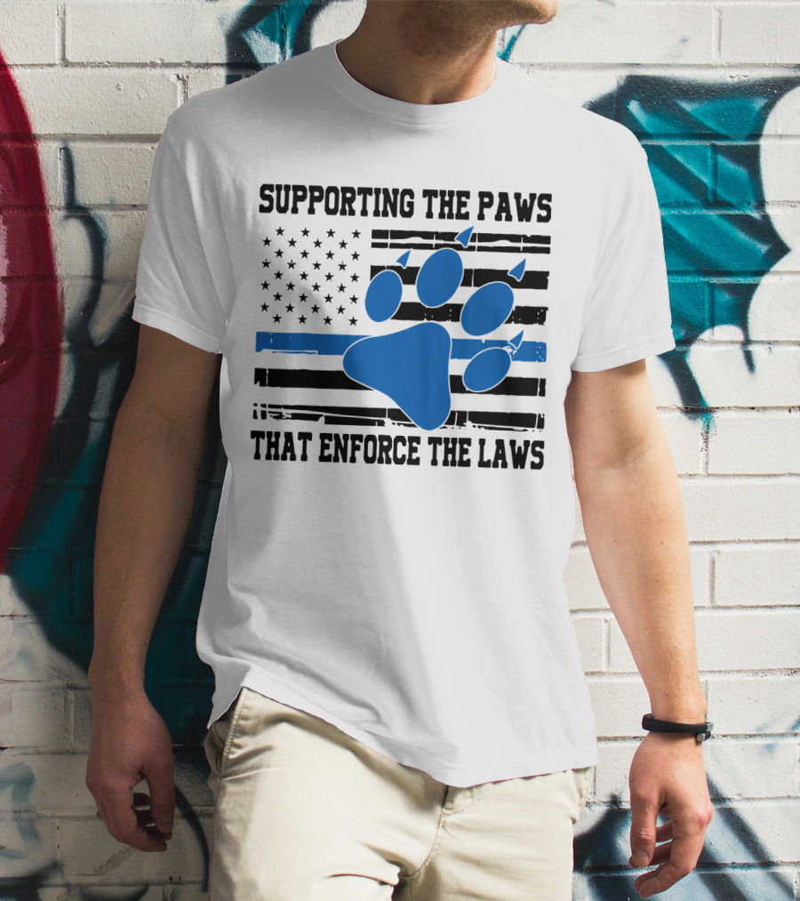 Supporting The Paws That Enforce The Laws American Flag Blue Paw Prints T-Shirt