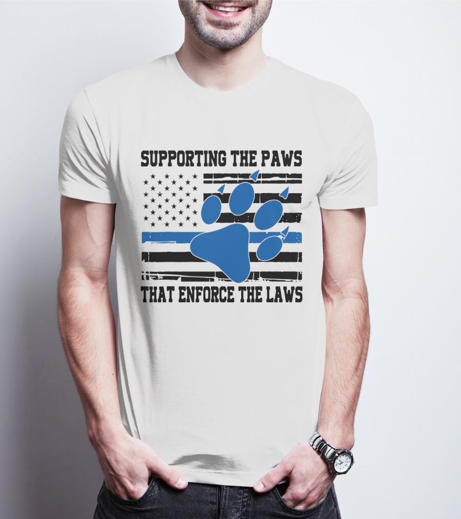 Supporting The Paws That Enforce The Laws American Flag Blue Paw Prints T-Shirt