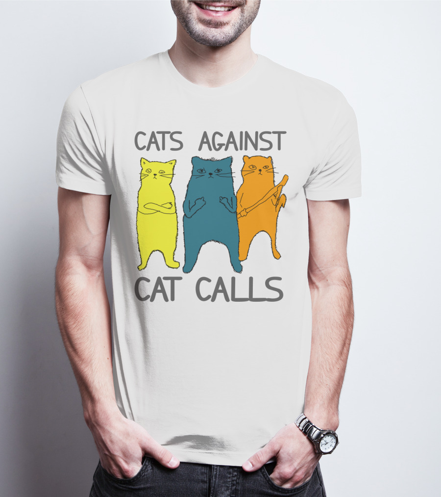 CATS AGAINST CAT CALLS Three Colorful Cats United Stance T-Shirt