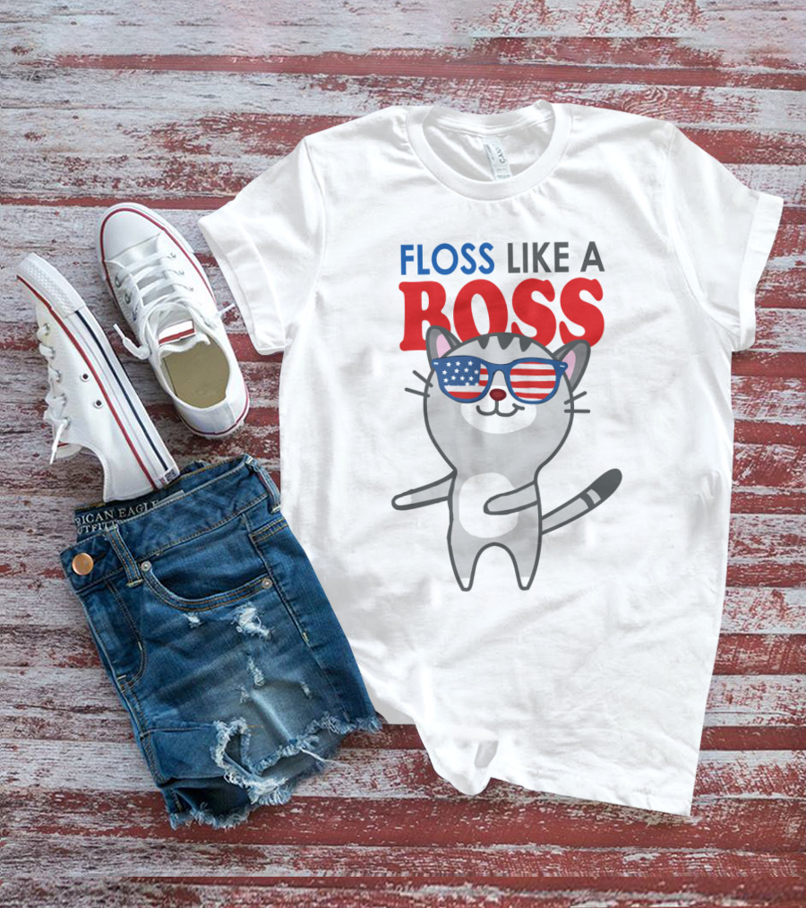 Floss Like A Boss Cat With American Flag Sunglasses T-Shirt