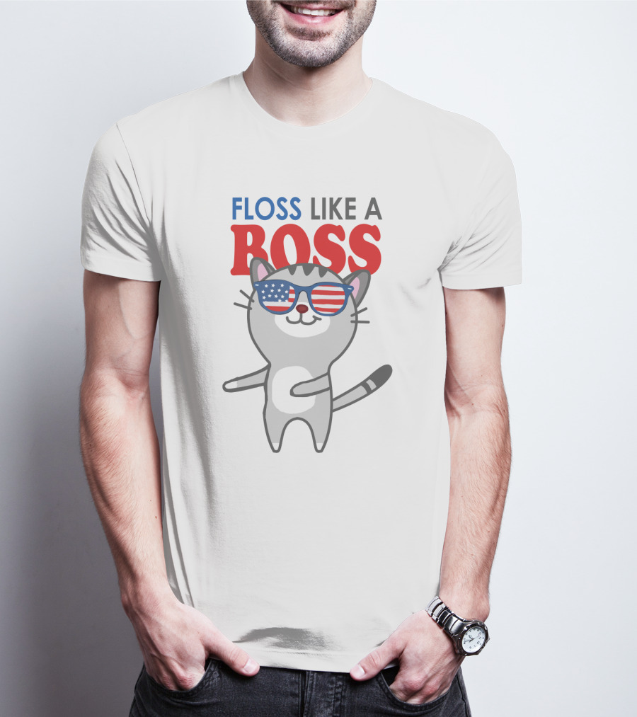 Floss Like A Boss Cat With American Flag Sunglasses T-Shirt