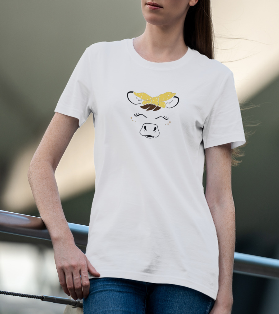 Cows With Yellow Polka Dot Bow Cute Face T-Shirt