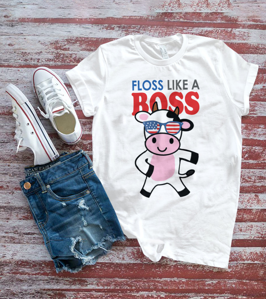 Floss Like A Boss Cow With American Flag Sunglasses T-Shirt