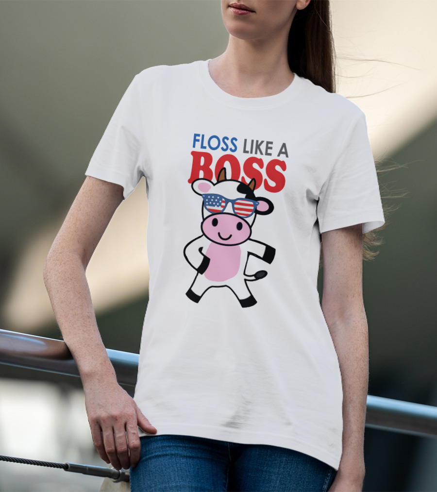 Floss Like A Boss Cow With American Flag Sunglasses T-Shirt