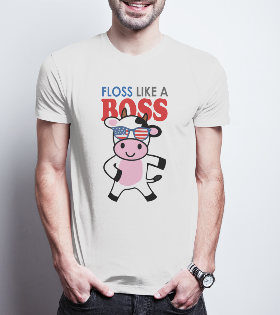 Floss Like A Boss Cow With American Flag Sunglasses T-Shirt