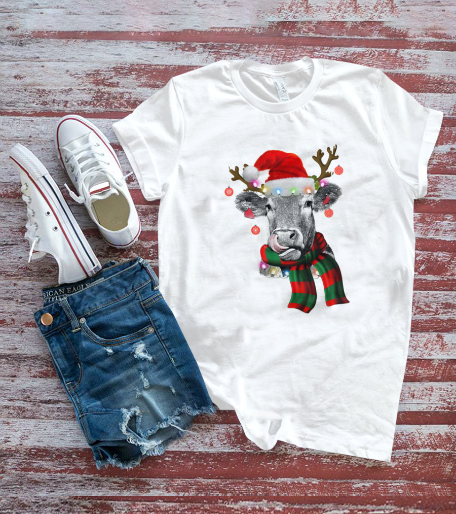 Cows Reindeer Santa Claus Christmas Lights Scarf Antlers Snowflakes Ornaments T-Shirt
