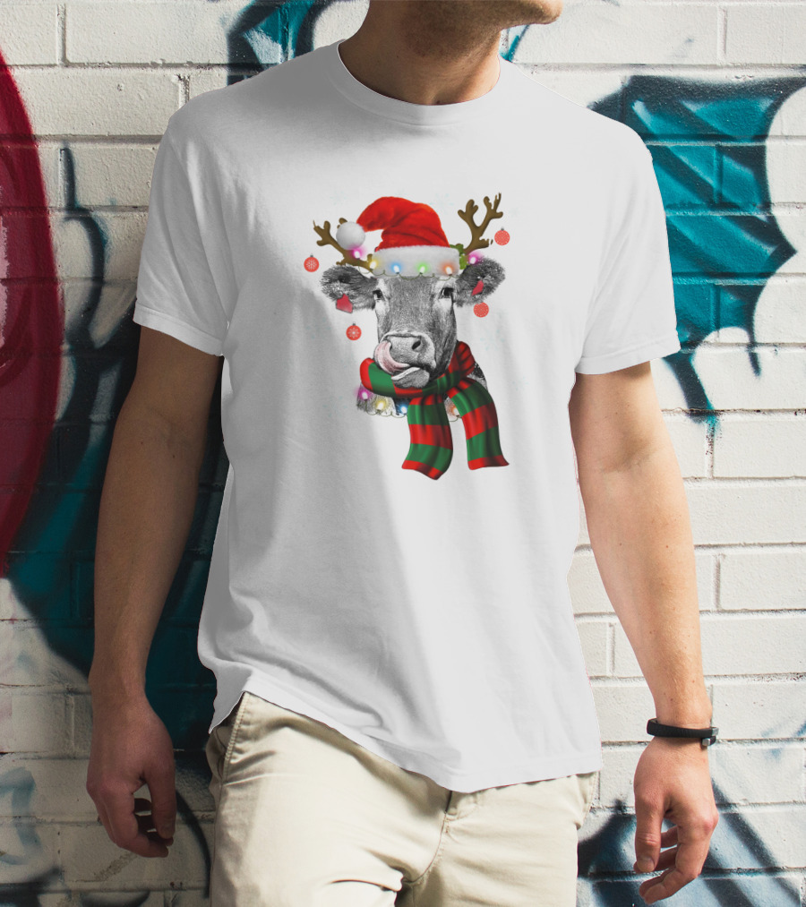 Cows Reindeer Santa Claus Christmas Lights Scarf Antlers Snowflakes Ornaments T-Shirt