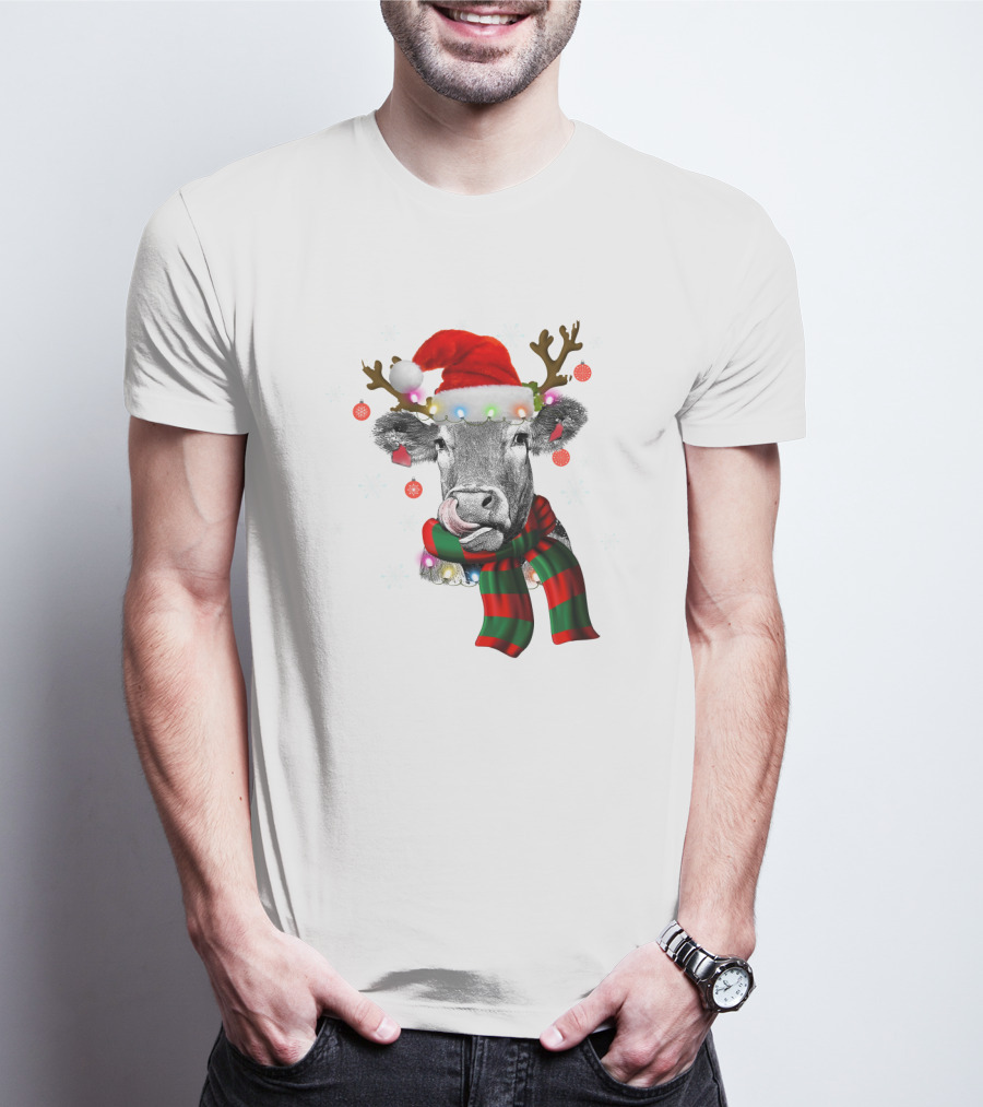 Cows Reindeer Santa Claus Christmas Lights Scarf Antlers Snowflakes Ornaments T-Shirt