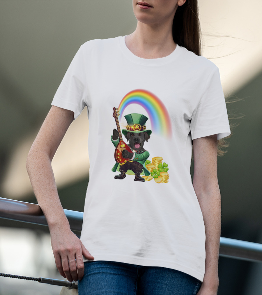 Dog Rocking Irish Luck Rainbow Guitar T-Shirt