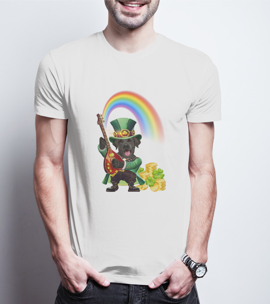 Dog Rocking Irish Luck Rainbow Guitar T-Shirt