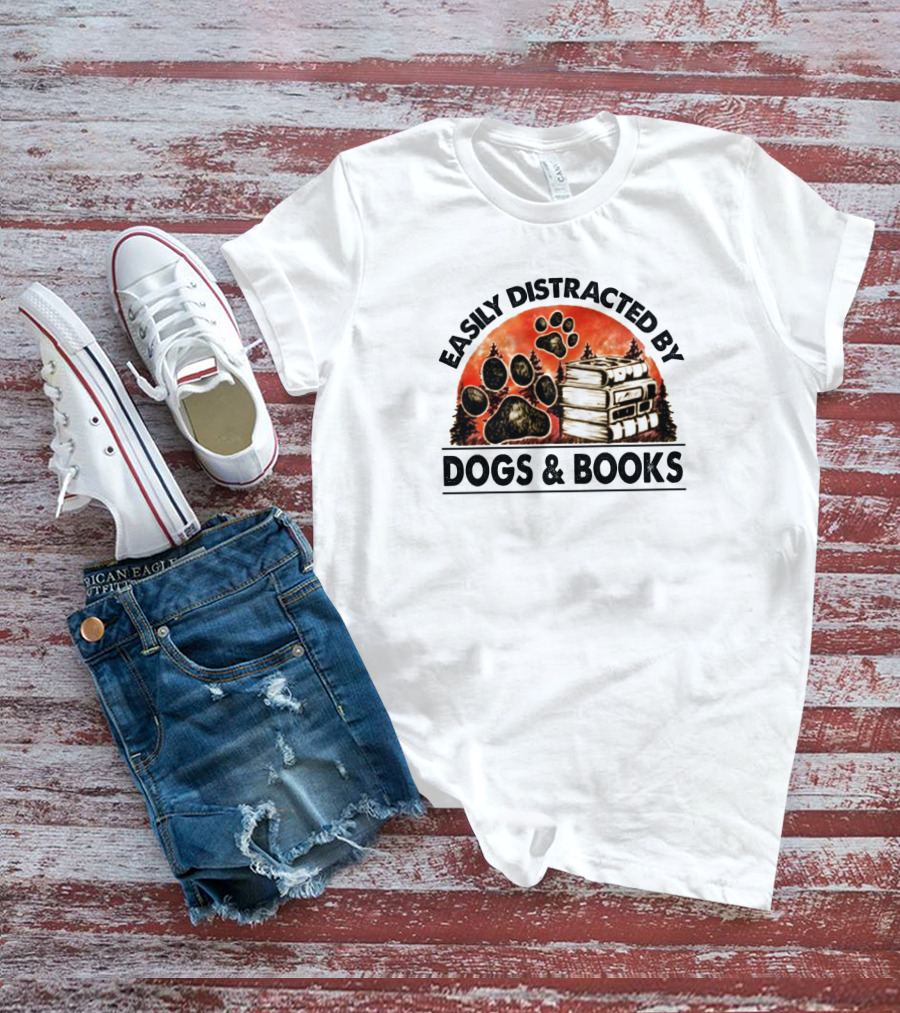 Easily Distracted By Dogs And Books Paw Print Stack T-Shirt