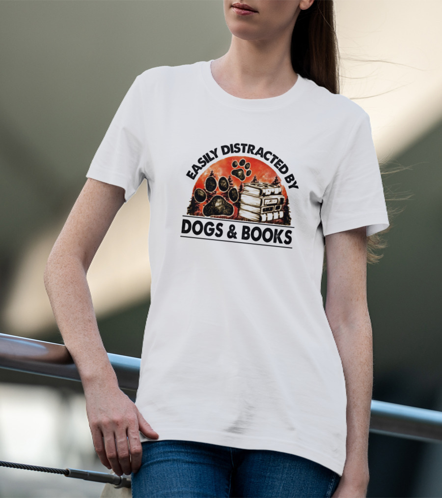 Easily Distracted By Dogs And Books Paw Print Stack T-Shirt