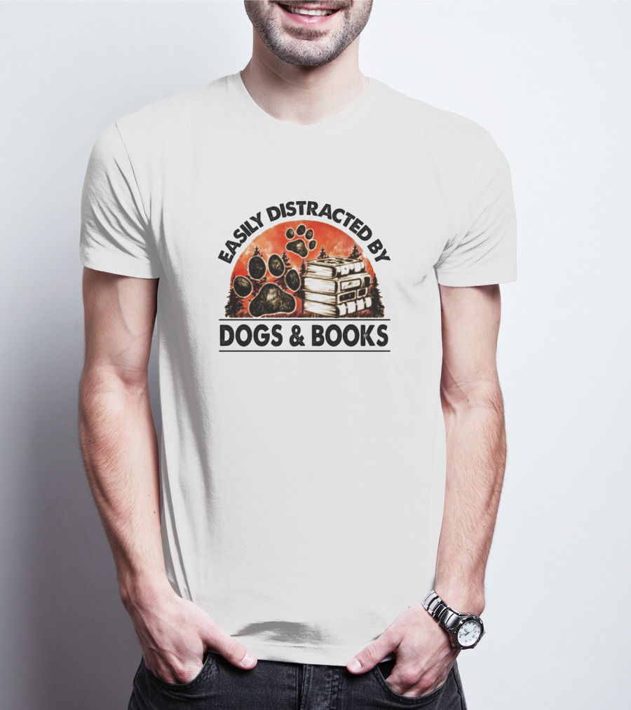 Easily Distracted By Dogs And Books Paw Print Stack T-Shirt