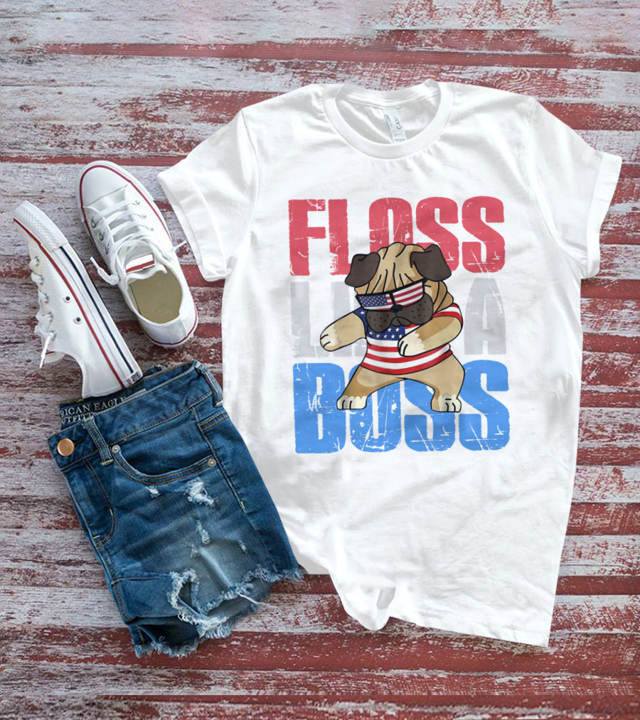 Floss Like A Boss American Flag Bulldog With Sunglasses T-Shirt