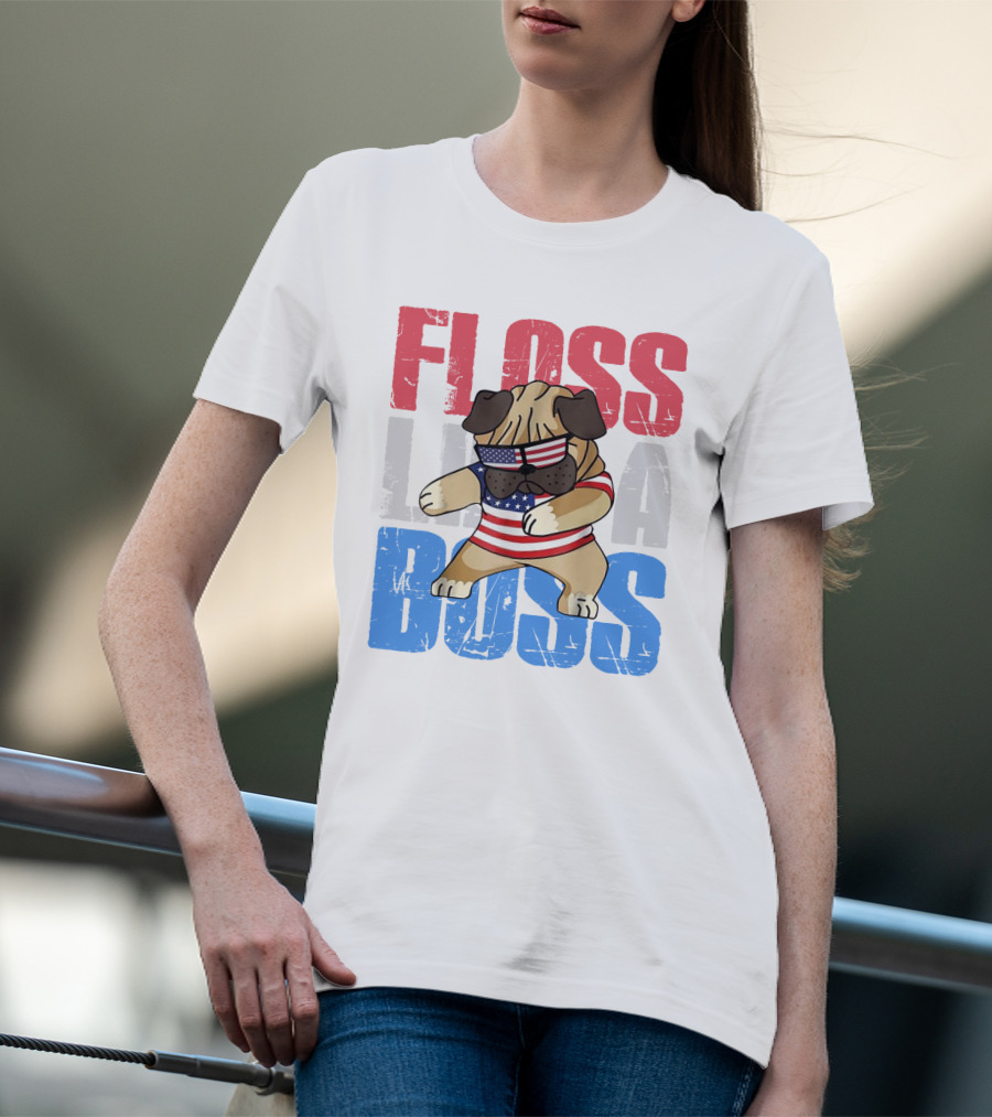 Floss Like A Boss American Flag Bulldog With Sunglasses T-Shirt