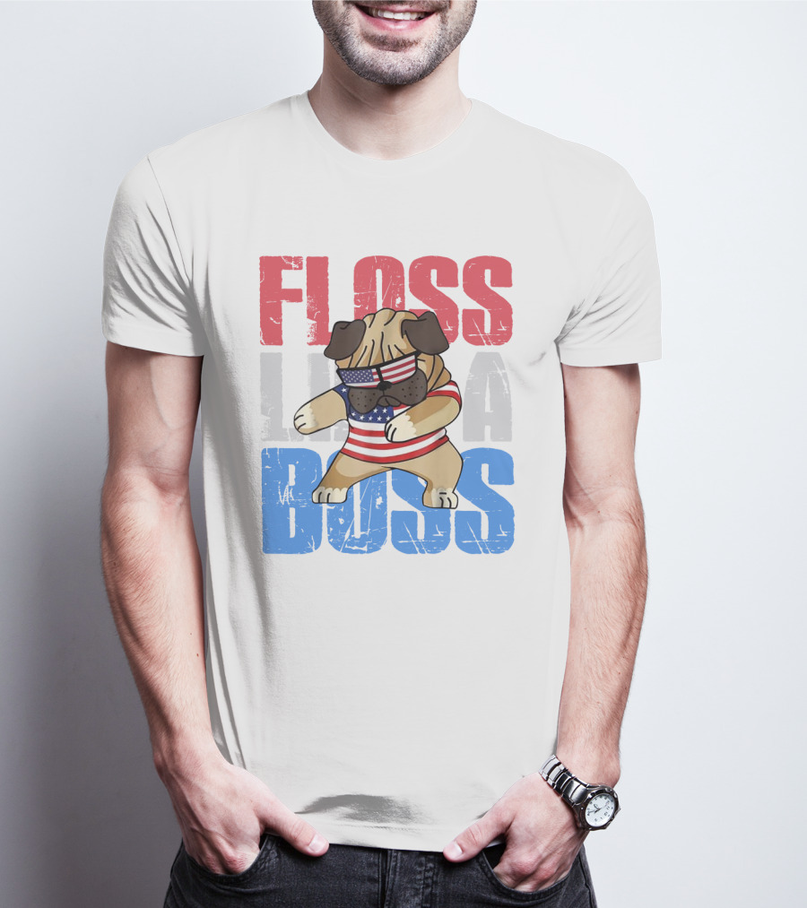 Floss Like A Boss American Flag Bulldog With Sunglasses T-Shirt