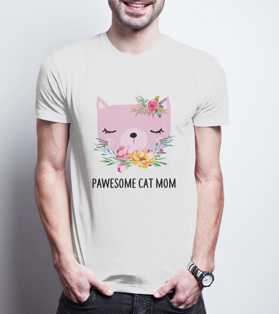 Pawesome Cat Mom Floral Pink Face T-Shirt