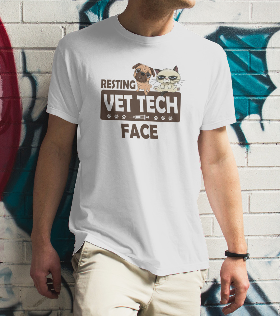 Resting Vet Tech Face Pug Cat Paw Syringe T-Shirt