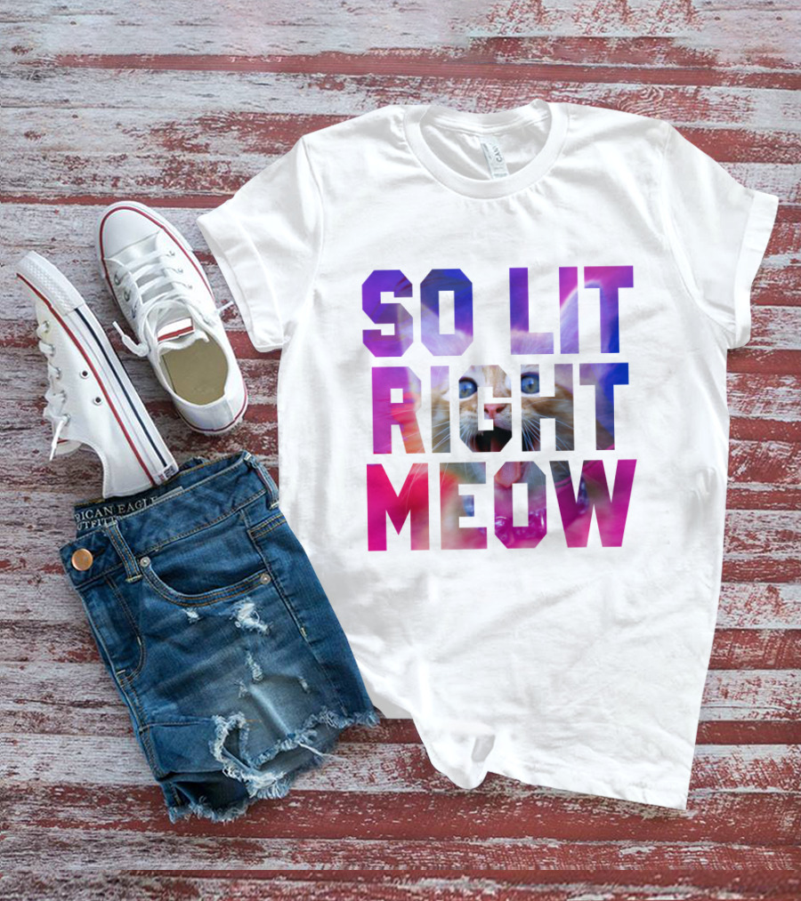 SO LIT RIGHT MEOW Cat Typography T-Shirt