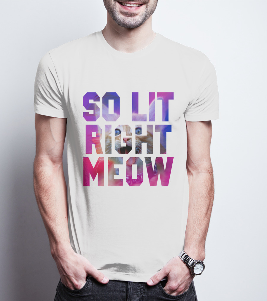 SO LIT RIGHT MEOW Cat Typography T-Shirt
