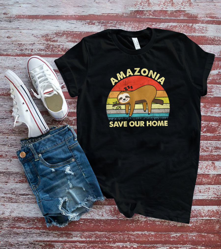 Amazonia Save Our Home Vintage Sloths Retro Rainbow T-Shirt