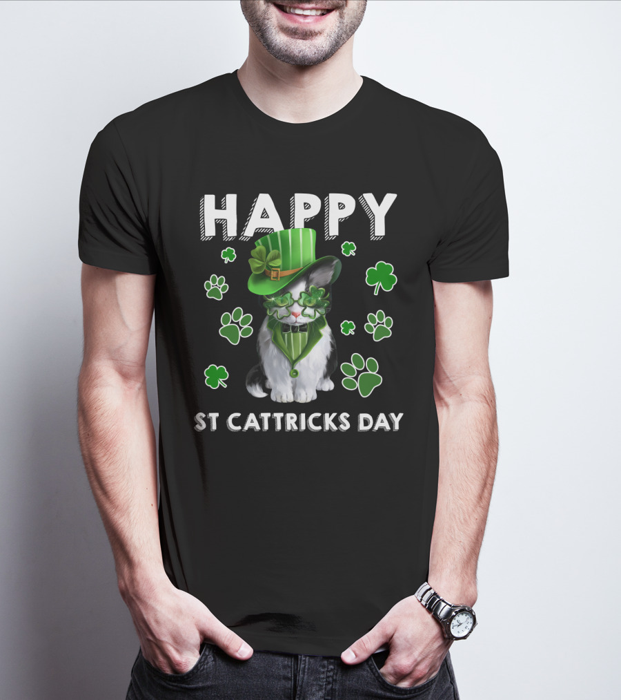 Happy St Cattrick's Day Funny Cats Shamrock T-Shirt