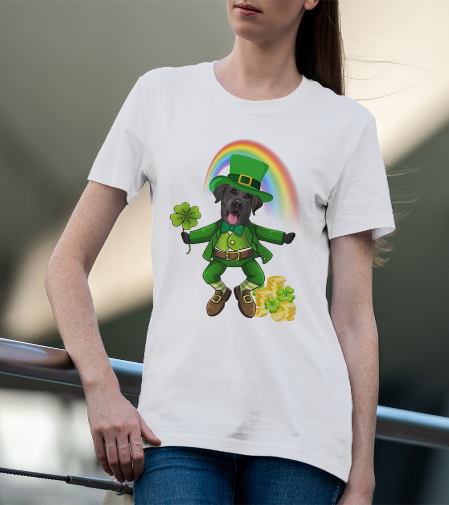 Lucky Irish Dog With Shamrock And Rainbow T-Shirt
