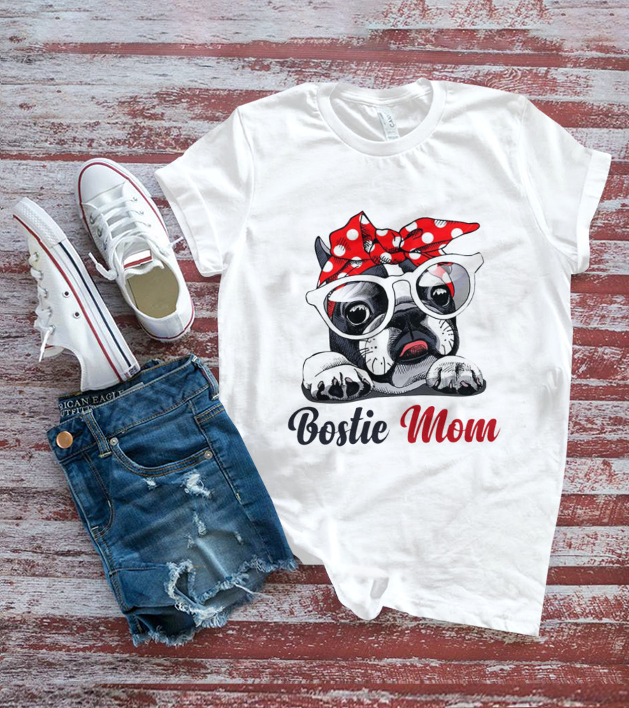 Bostie Mom Glasses And Red Polka Dot Headband Dog T-Shirt