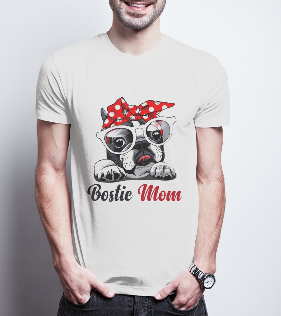 Bostie Mom Glasses And Red Polka Dot Headband Dog T-Shirt