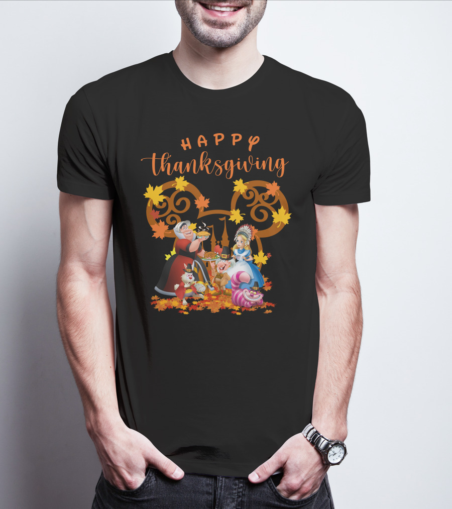 Happy Thanksgiving Alice Queen Mad Hatter Cheshire Cat Leaves T-Shirt