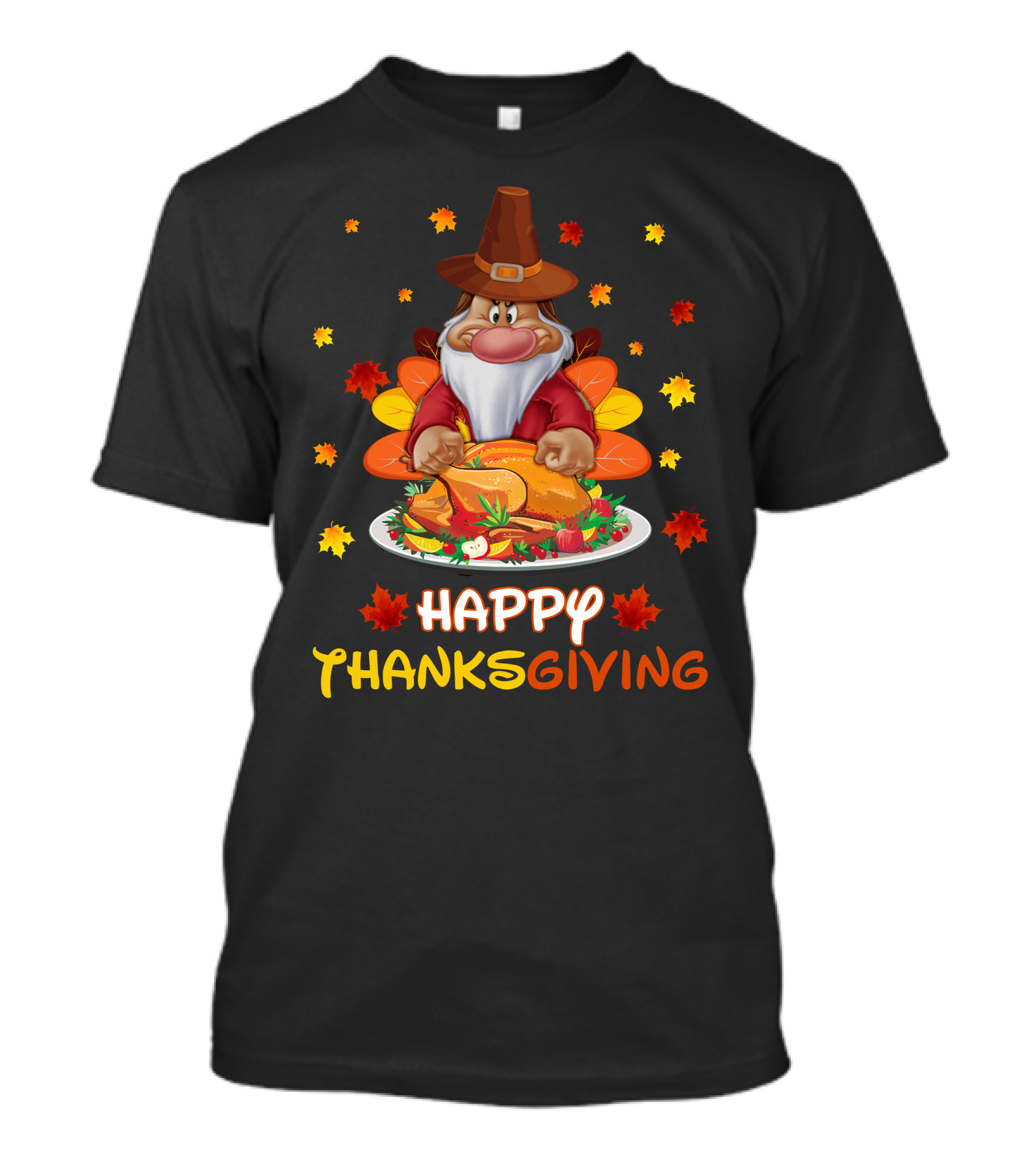Happy Thanksgiving Grumpy Dwarf Pilgrim With Feast And Fall Leaves T-Shirt
