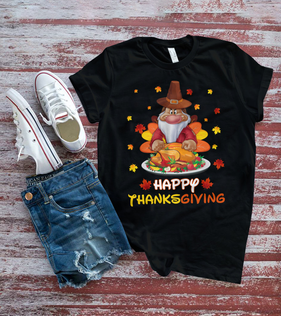 Happy Thanksgiving Grumpy Dwarf Pilgrim With Feast And Fall Leaves T-Shirt