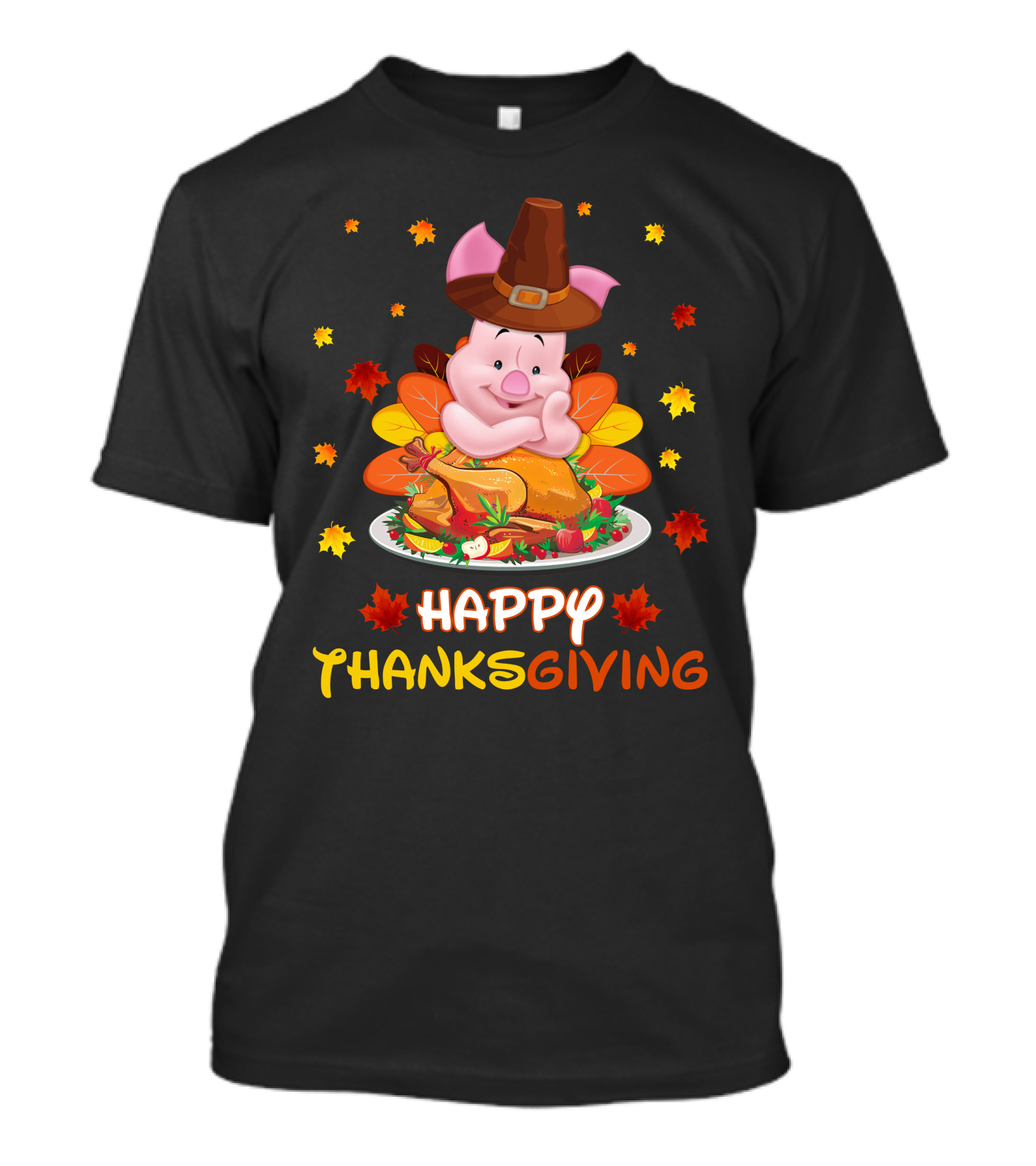 Happy Thanksgiving Piglet Feast With Autumn Leaves And Pilgrim Hat T-Shirt