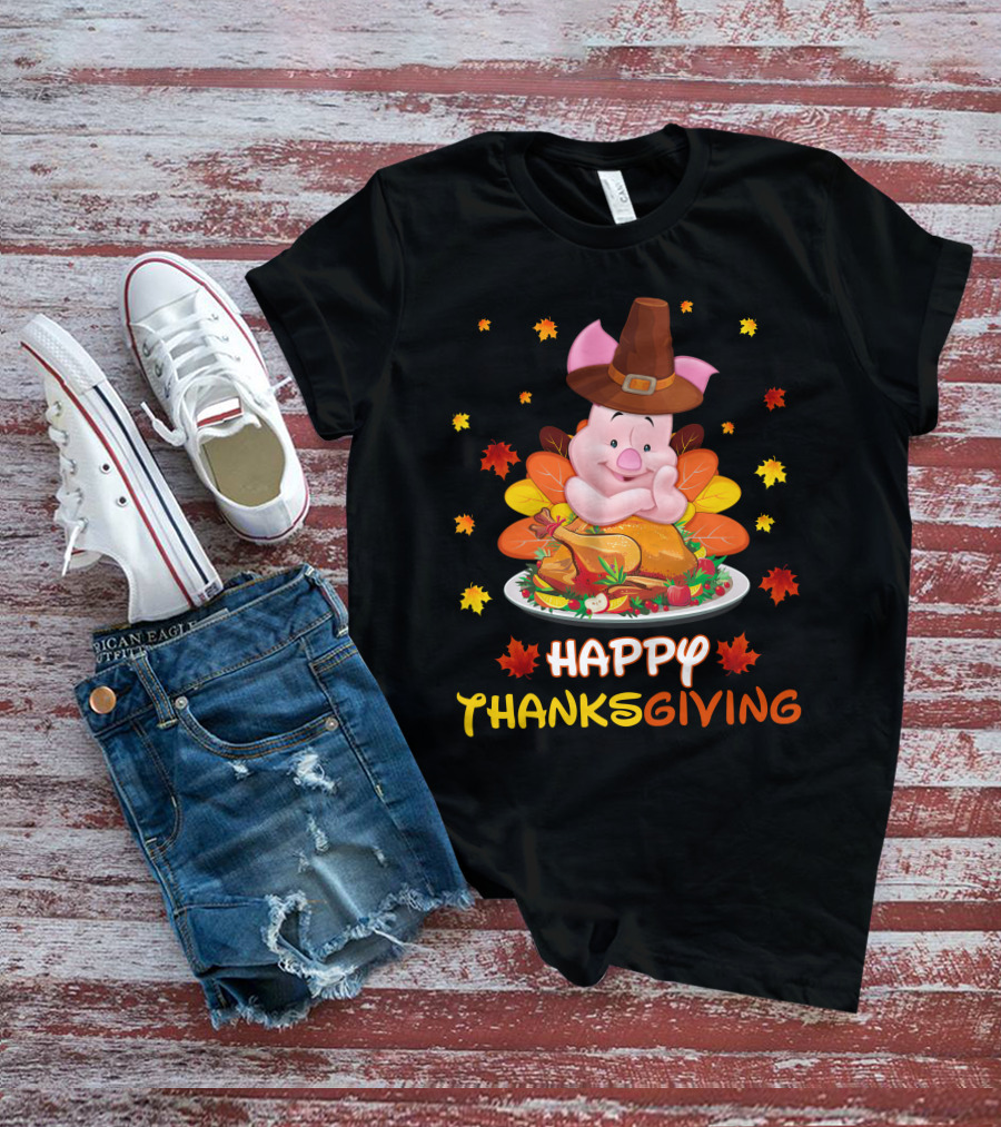 Happy Thanksgiving Piglet Feast With Autumn Leaves And Pilgrim Hat T-Shirt