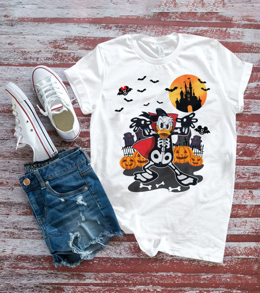 Donald Duck Halloween Skeleton Costume With Bats And Castle T-Shirt