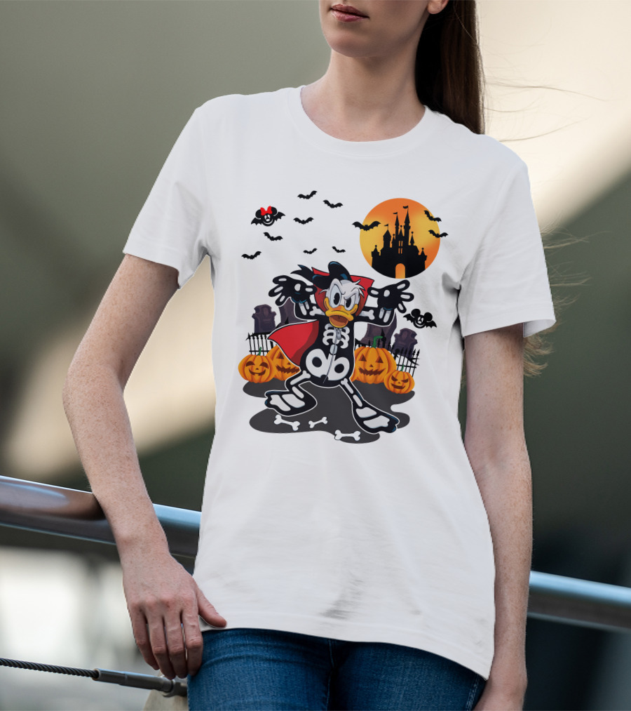 Donald Duck Halloween Skeleton Costume With Bats And Castle T-Shirt