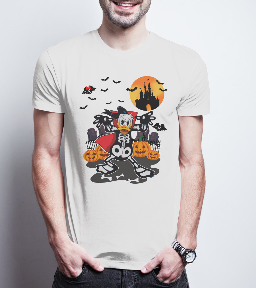 Donald Duck Halloween Skeleton Costume With Bats And Castle T-Shirt