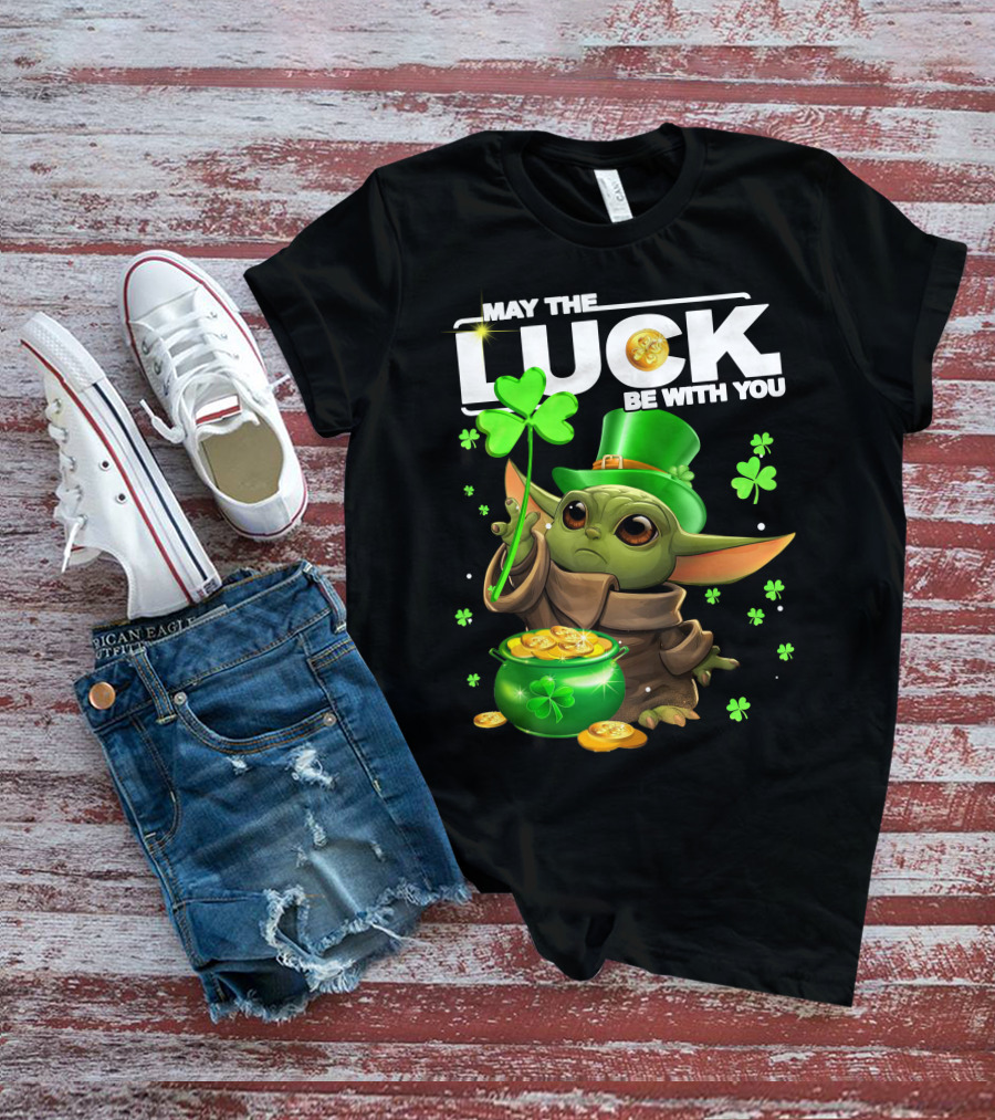 May The Luck Be With You Baby Yoda Clover Gold Coins T-Shirt