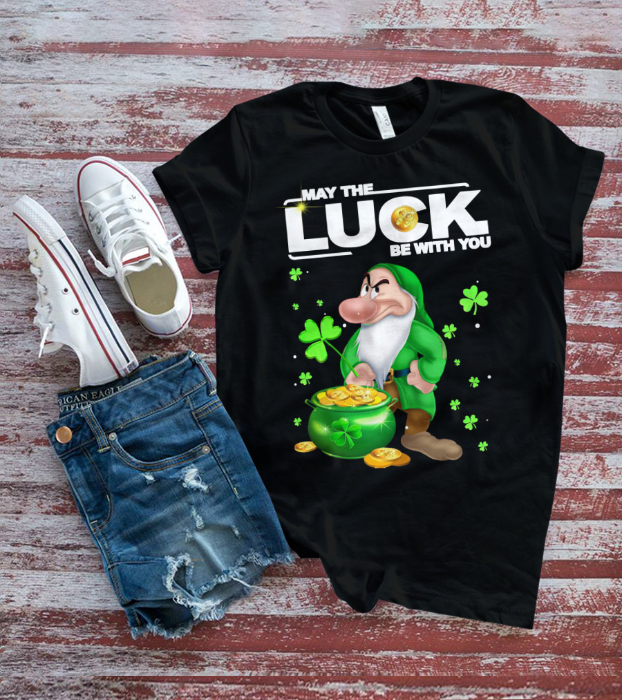 MAY THE LUCK BE WITH YOU Grumpy Gnome With Coins And Clovers T-Shirt