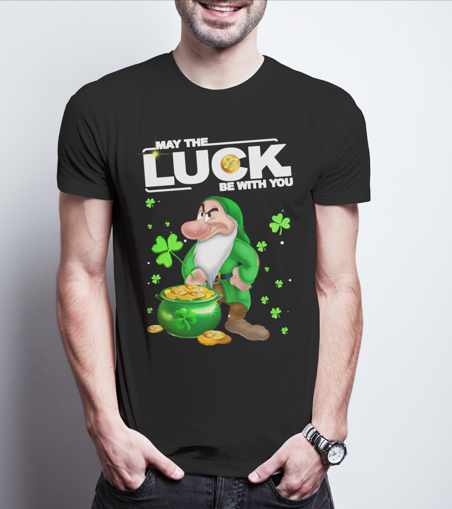 MAY THE LUCK BE WITH YOU Grumpy Gnome With Coins And Clovers T-Shirt