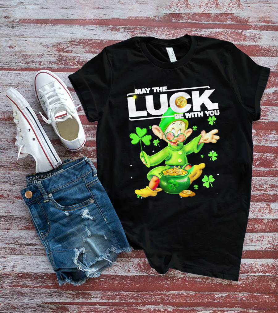 MAY THE LUCK BE WITH YOU Green Leprechaun With Gold Coins And Shamrocks T-Shirt