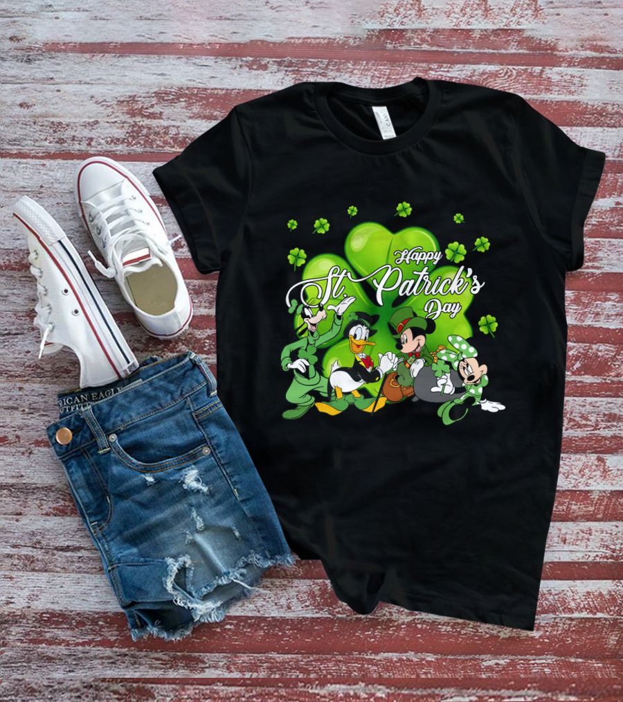 Happy St. Patrick's Day Mickey Mouse Donald Duck Goofy Minnie Mouse With Shamrocks T-Shirt