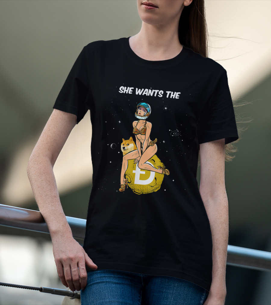 She Wants The Dogecoin Doge Crypto Moon Astronaut Space Girl T-Shirt