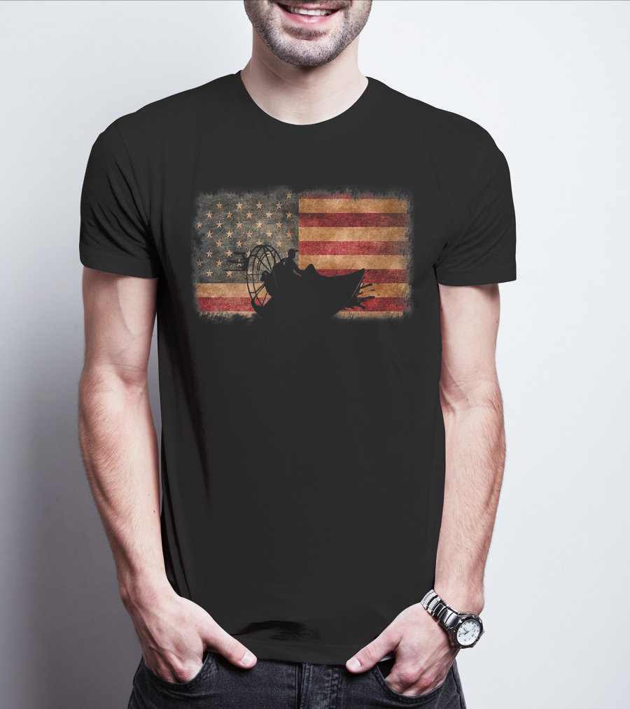 American Flag Airboat Racing Silhouette Over Rustic America T-Shirt