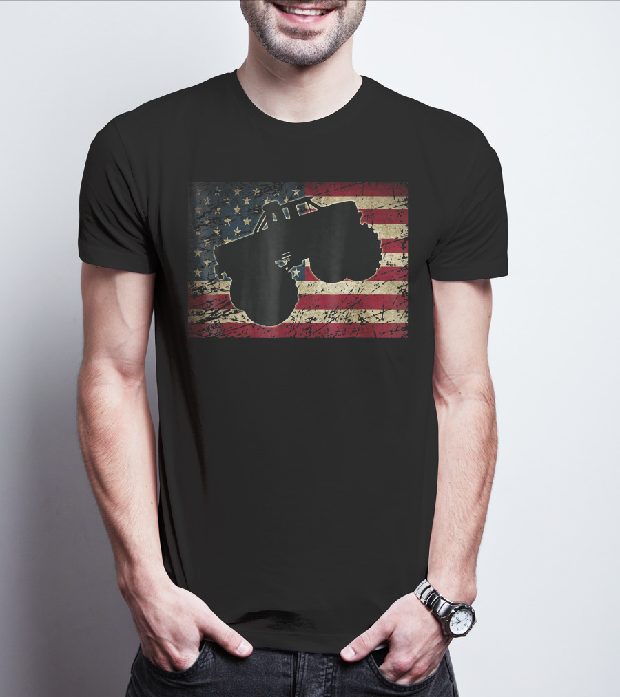 American Flag Monster Truck Silhouette Over T-Shirt