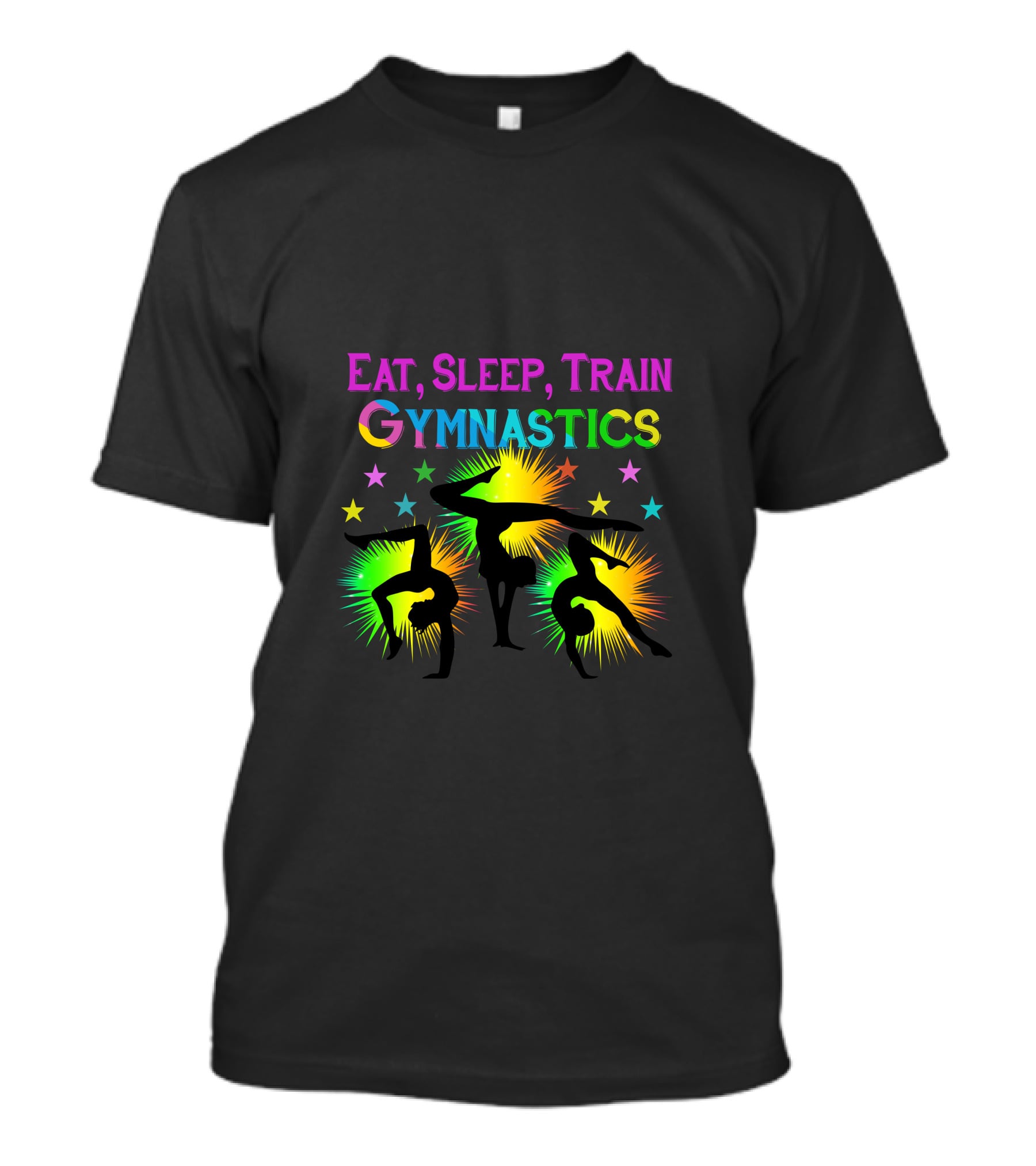 Eat Sleep Train Gymnastics Colorful Silhouette Stars Explosion T-Shirt