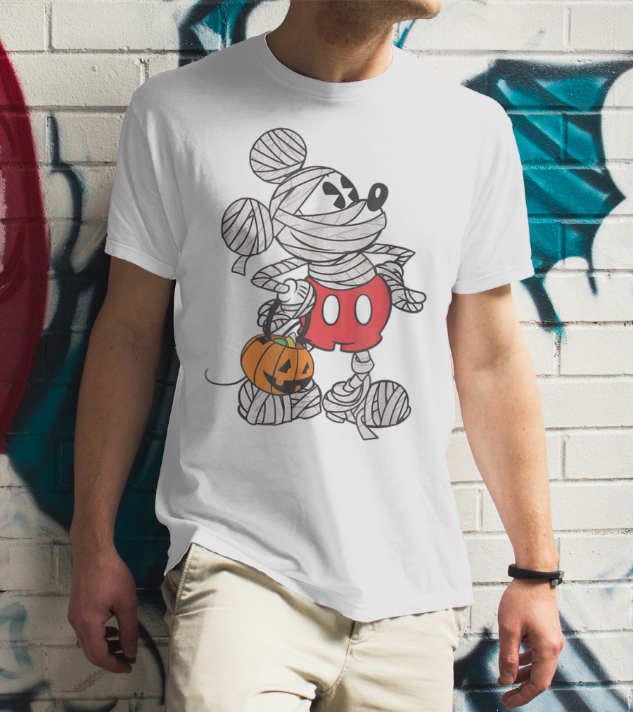 Mickey Mouse Mummy Wrapped With Pumpkin Bucket For Halloween T-Shirt