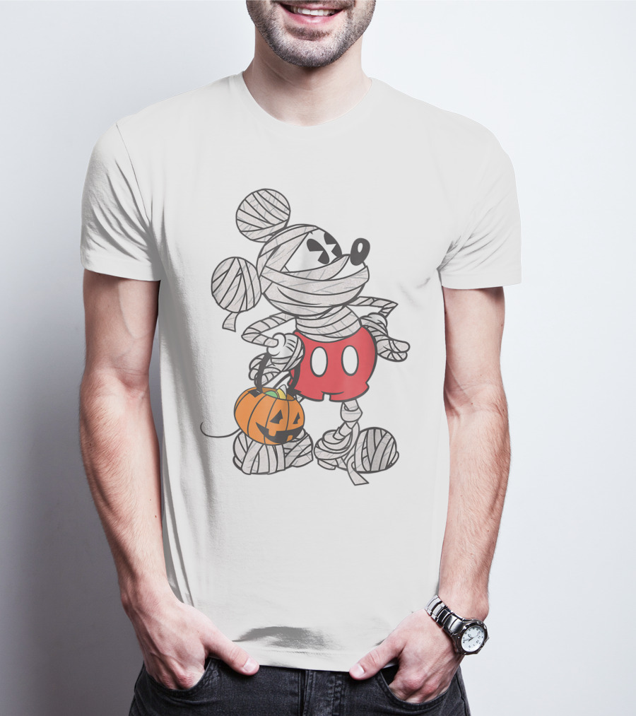 Mickey Mouse Mummy Wrapped With Pumpkin Bucket For Halloween T-Shirt