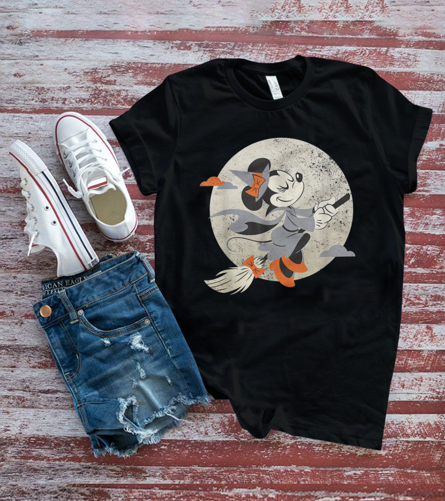 Minnie Mouse Disney Witch Flying On Broomstick Halloween Moon Scene T-Shirt